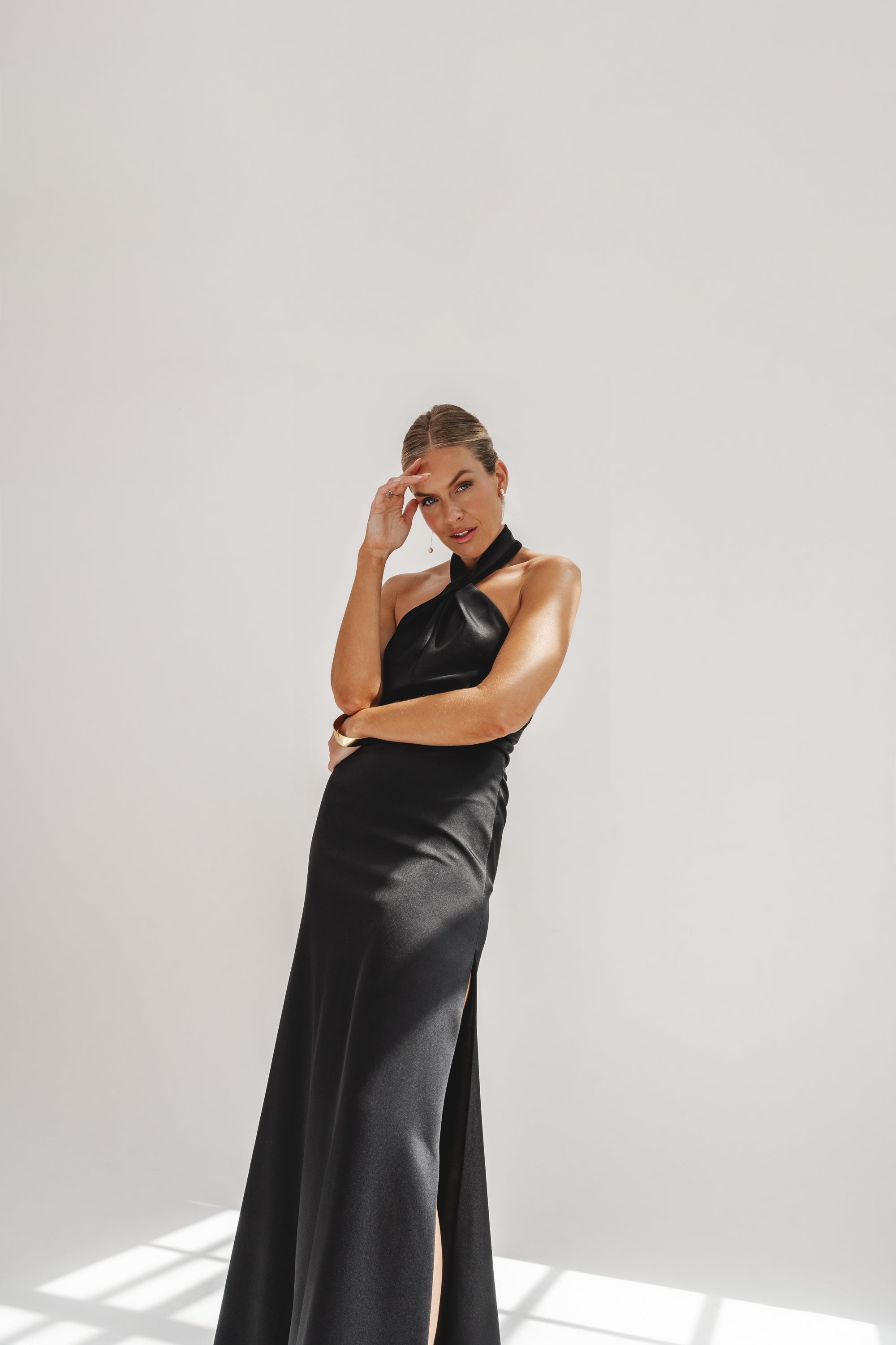 FINN IN BLACK | BLACK SATIN HALTER NECK DRESS