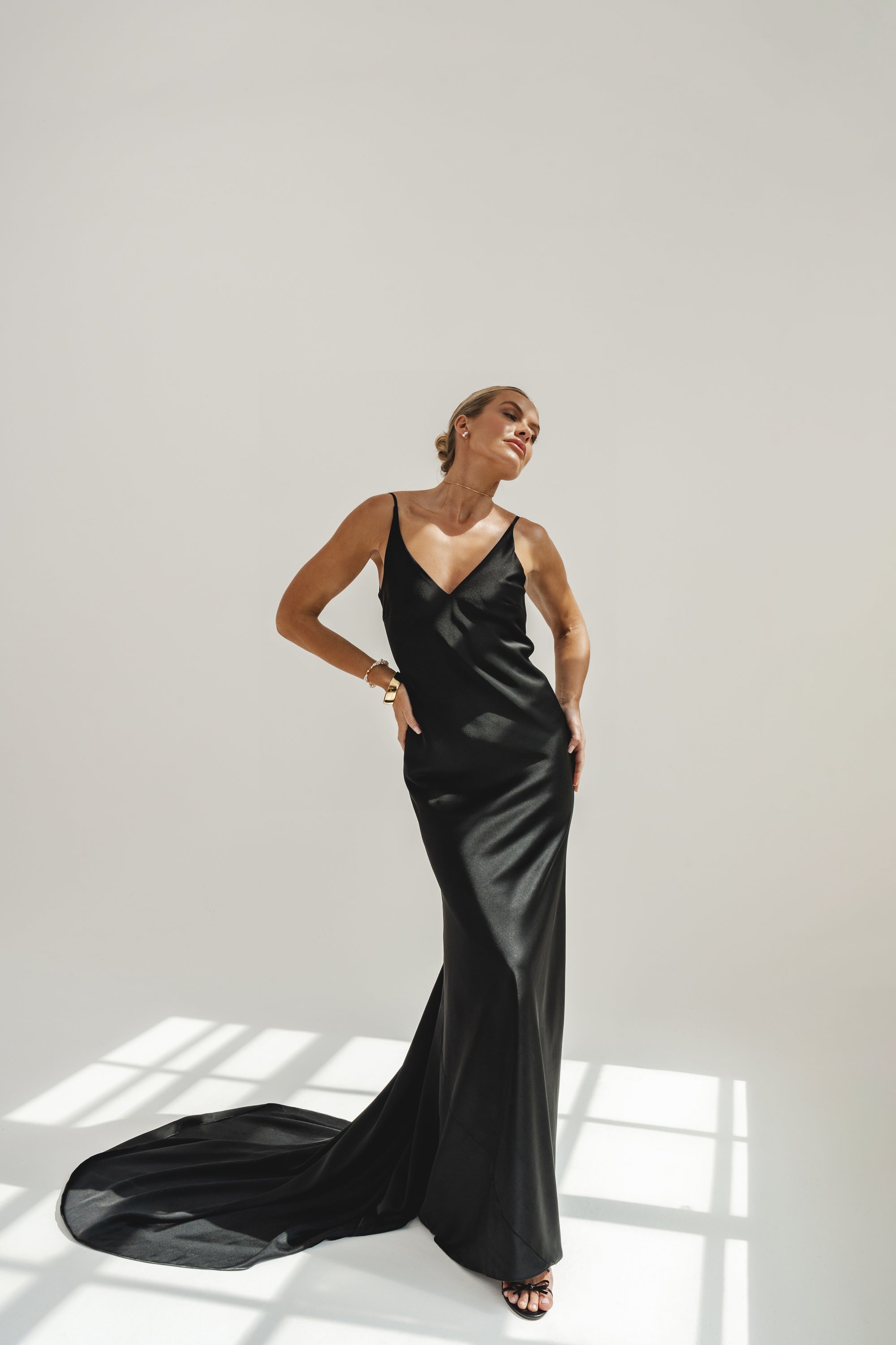LEO IN BLACK | BLACK SATIN SLIP DRESS