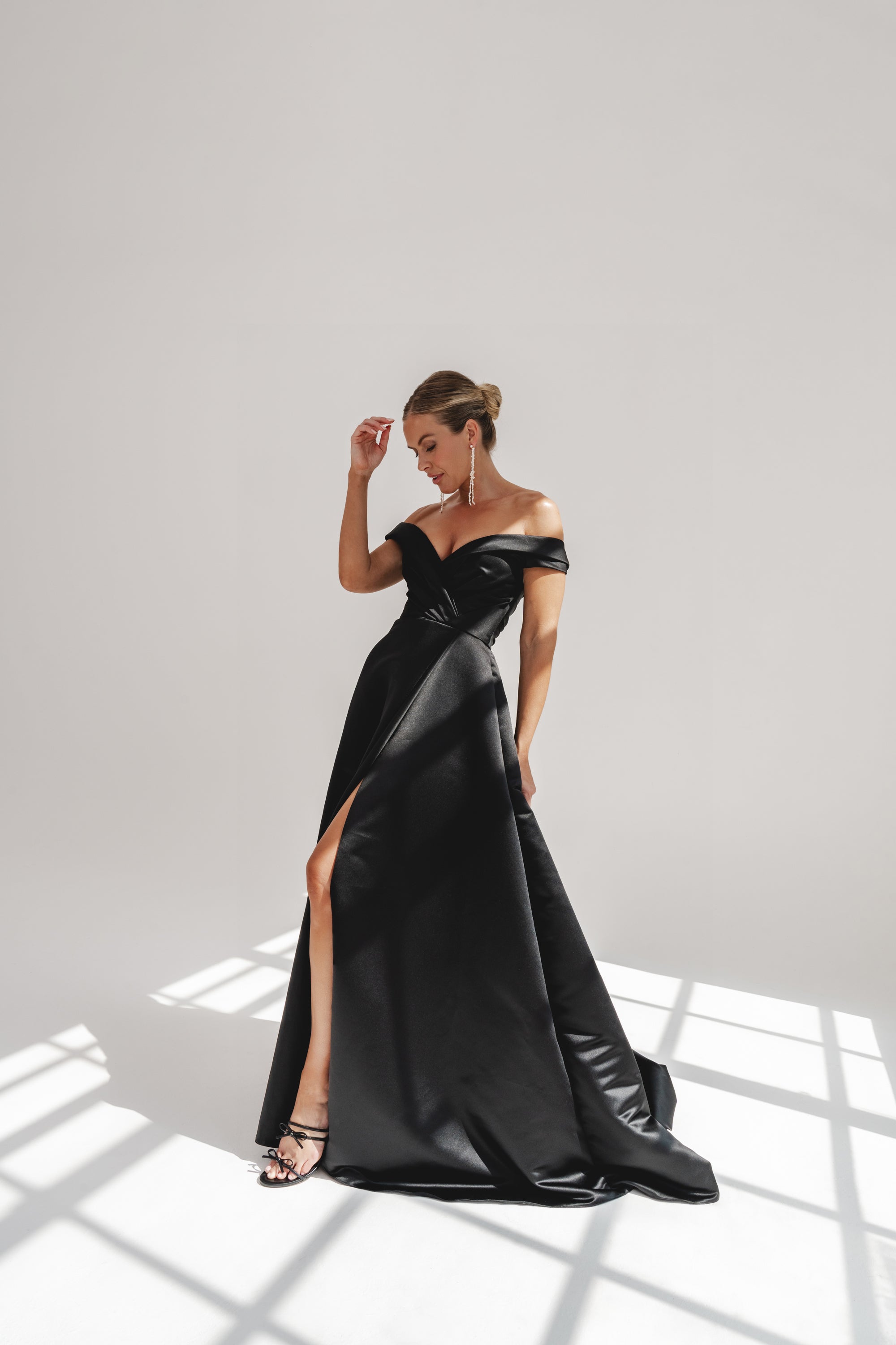 MILLIE IN BLACK | BLACK SATIN OFF-SHOULDER DRESS
