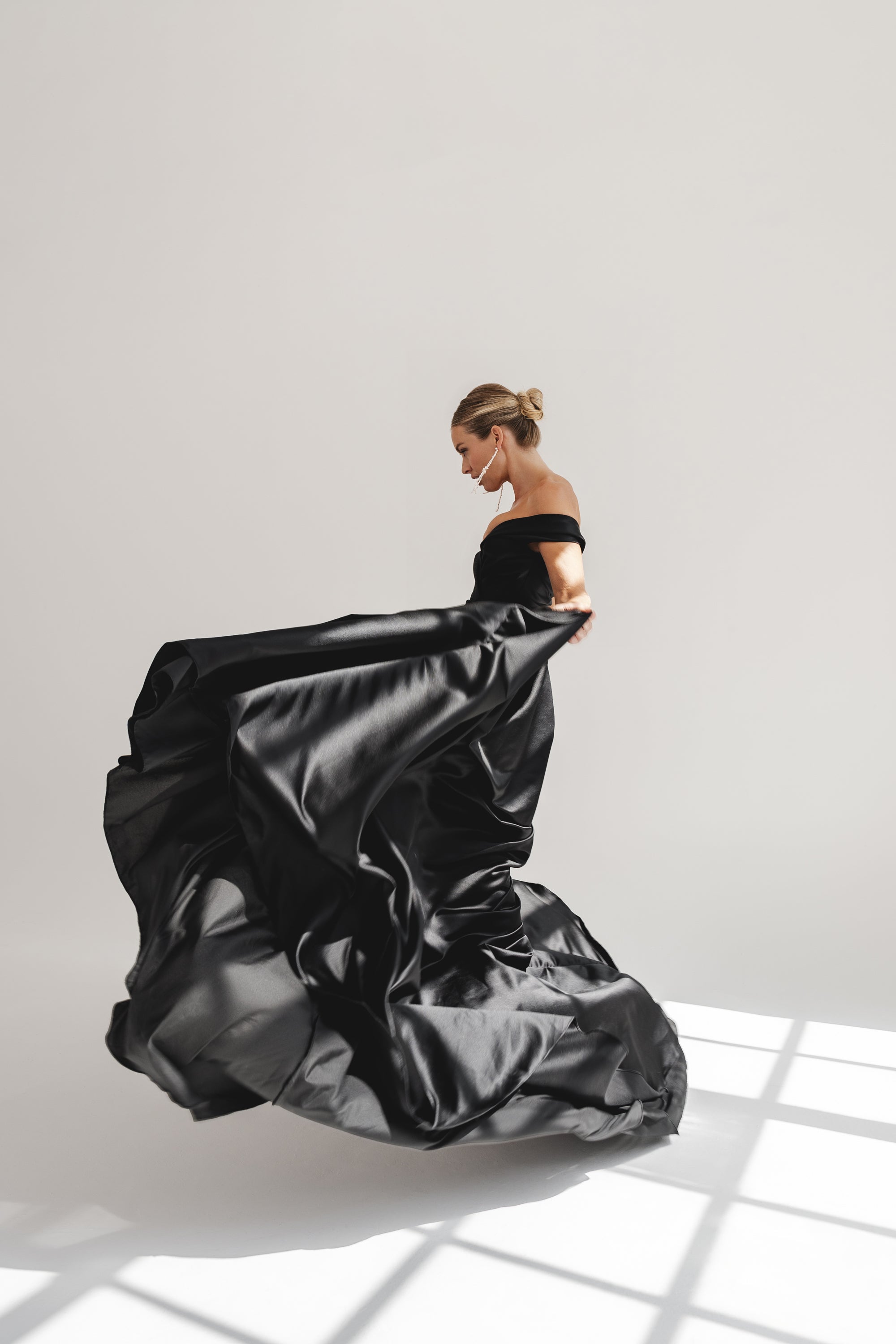 MILLIE IN BLACK | BLACK SATIN OFF-SHOULDER DRESS