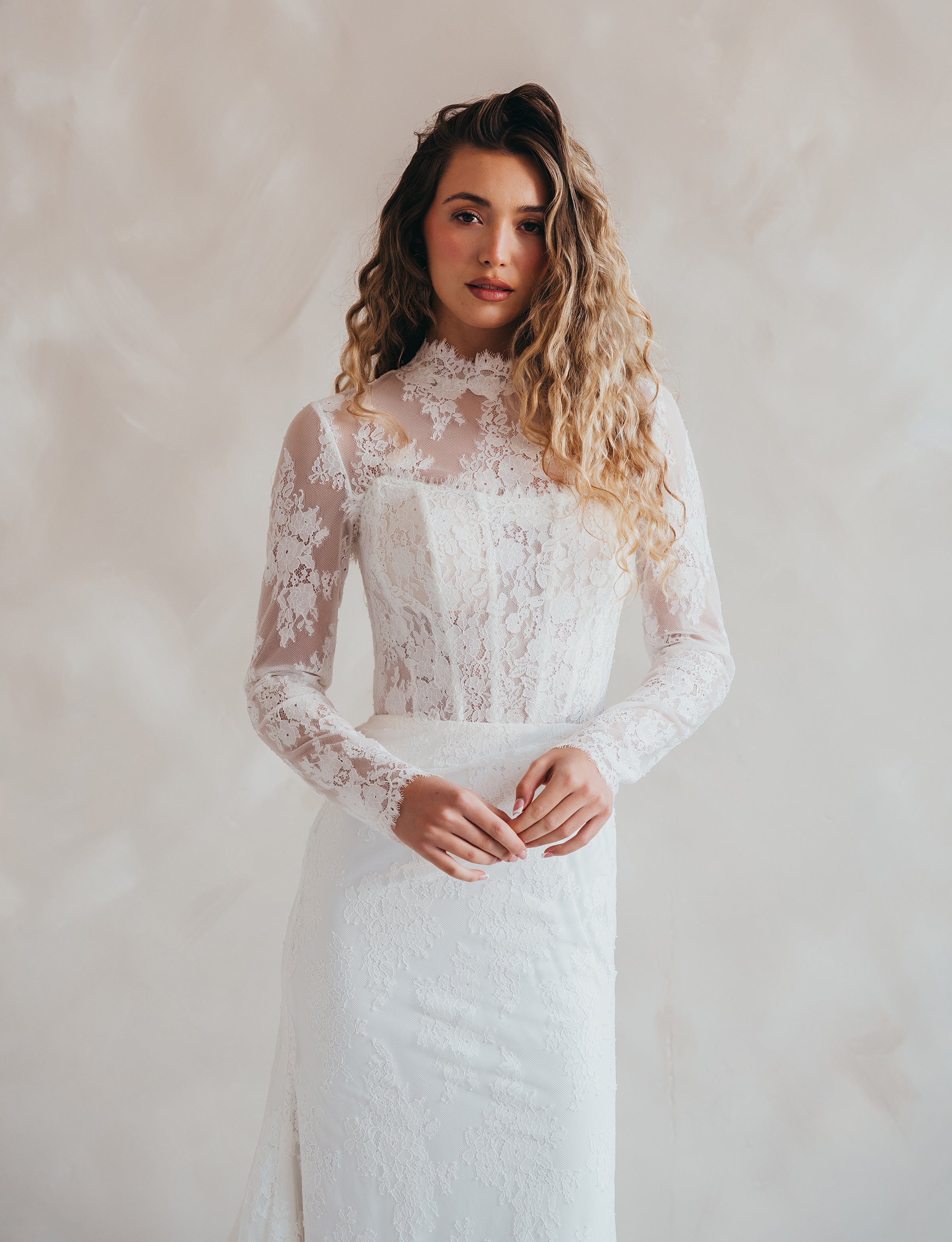 Laurelle lace bridal topper with high neckline and long sleeves