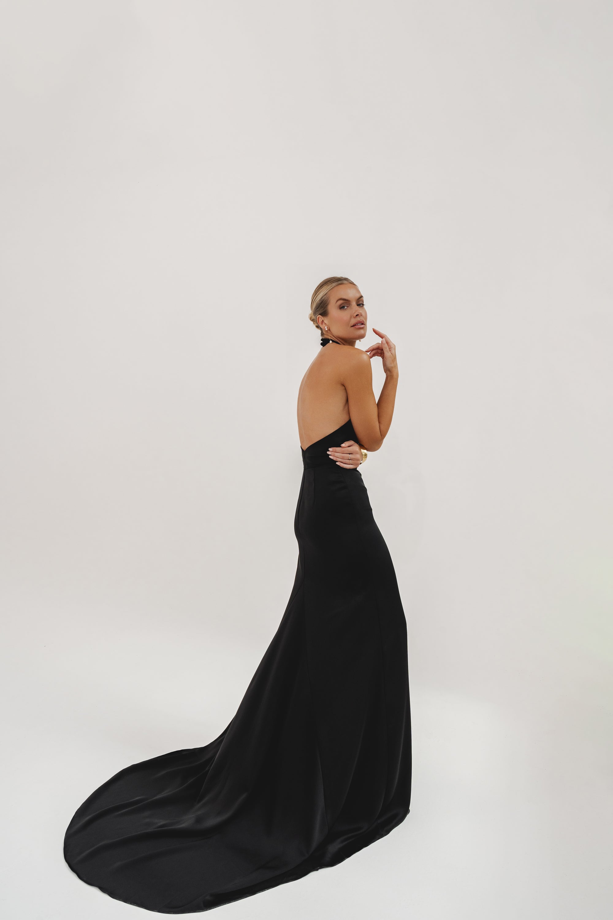 FINN IN BLACK | BLACK SATIN HALTER NECK DRESS