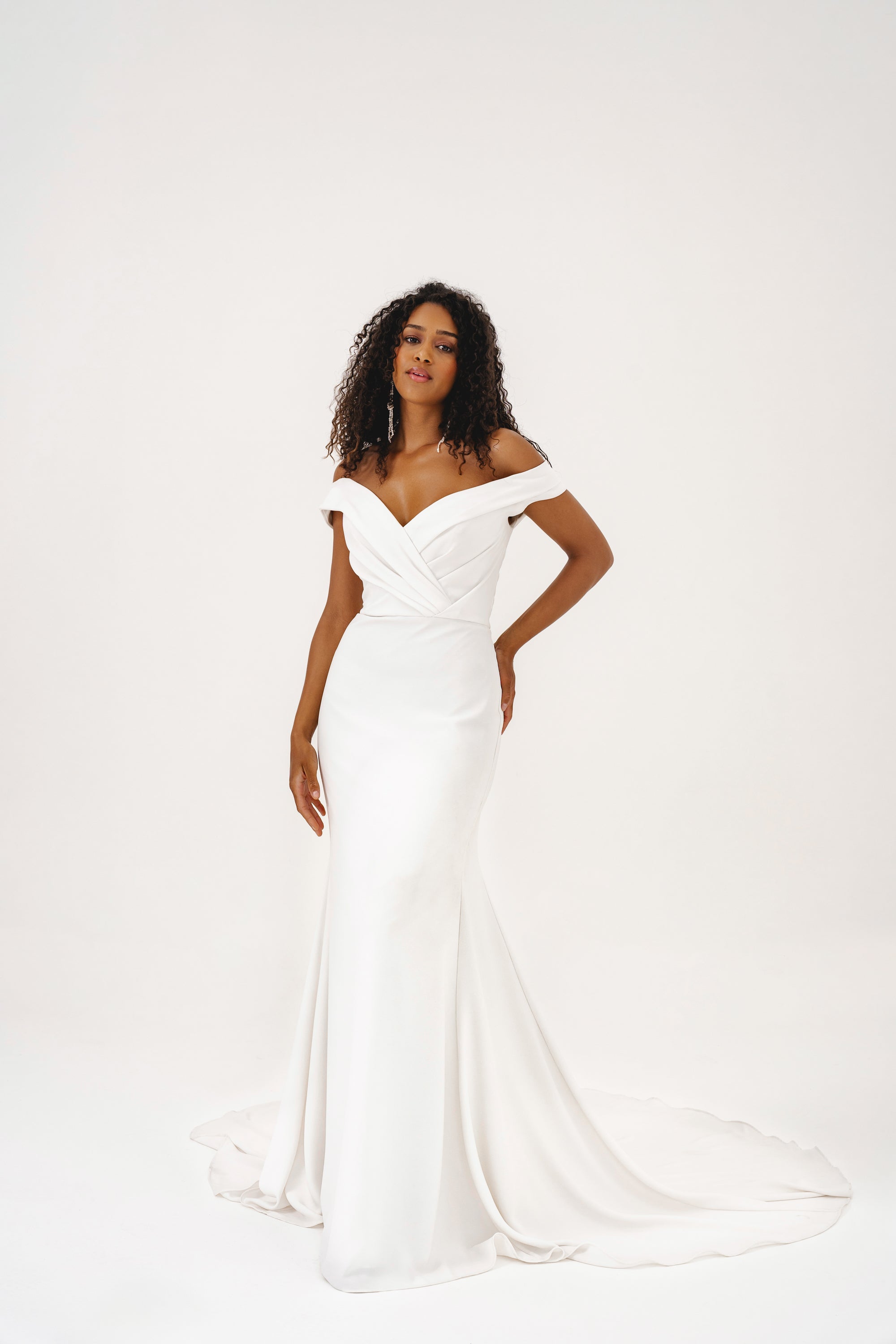 WREN | Off-the-shoulder wedding dress in luxury crepe - Love Story London