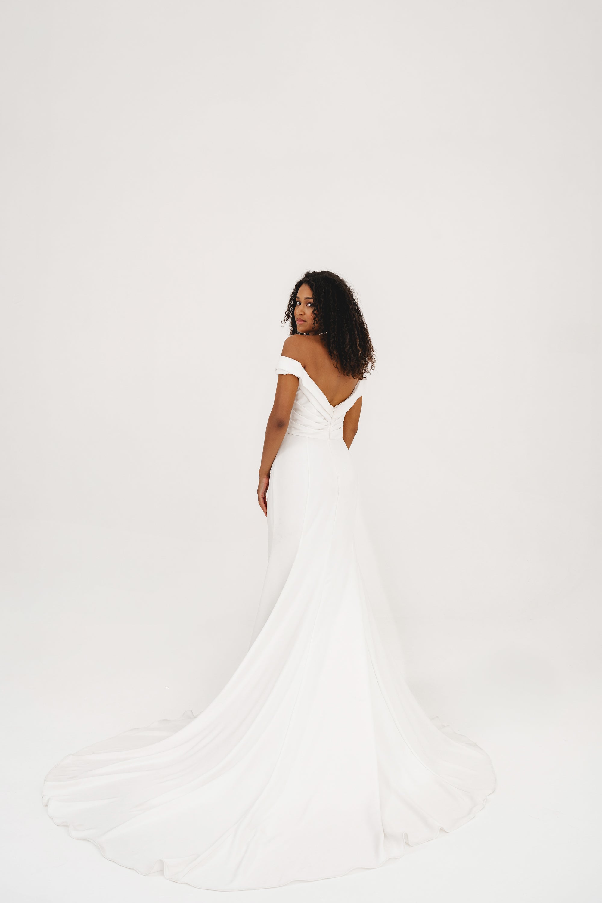 WREN | Off-the-shoulder wedding dress in luxury crepe - Love Story London