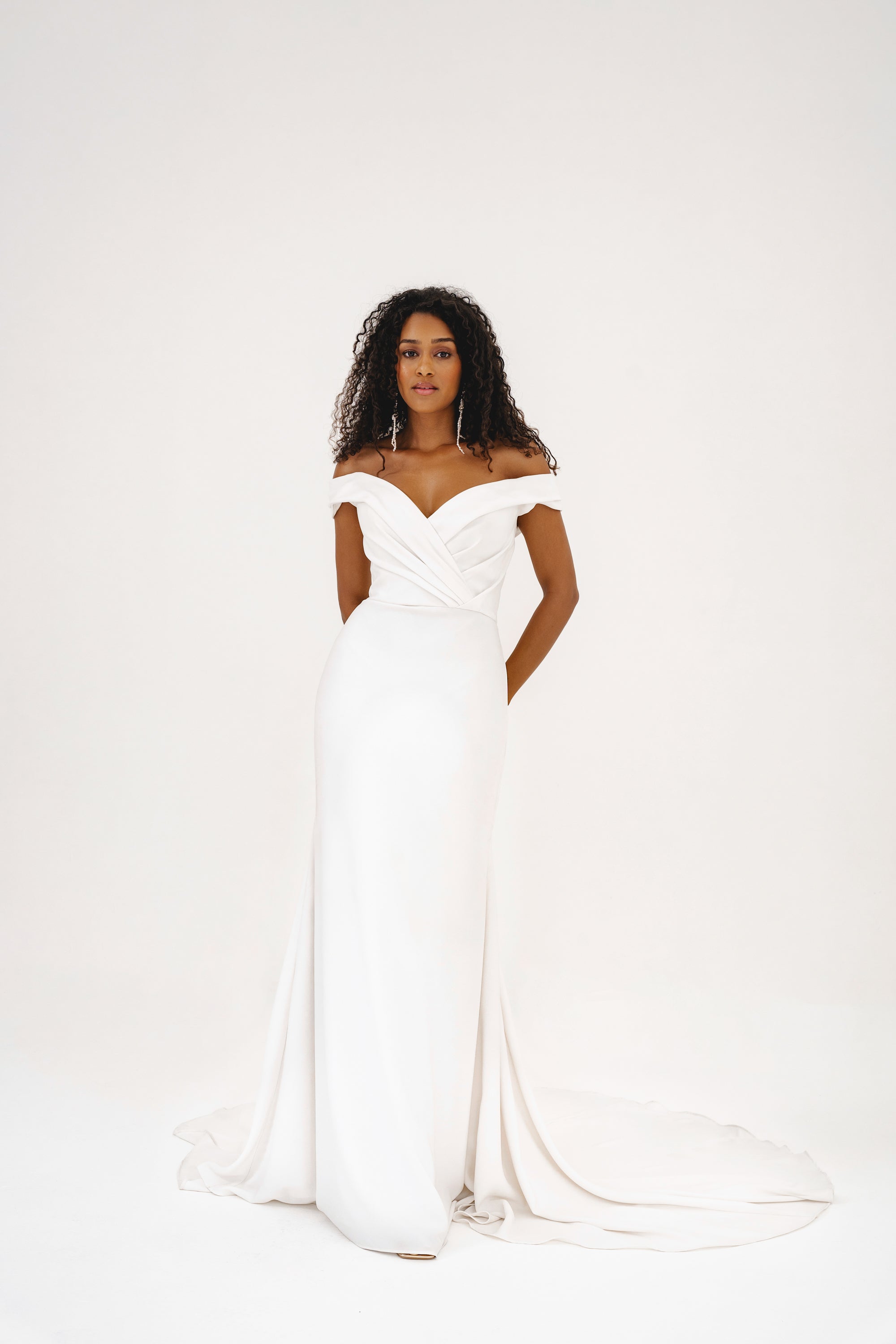 WREN | Off-the-shoulder wedding dress in luxury crepe - Love Story London