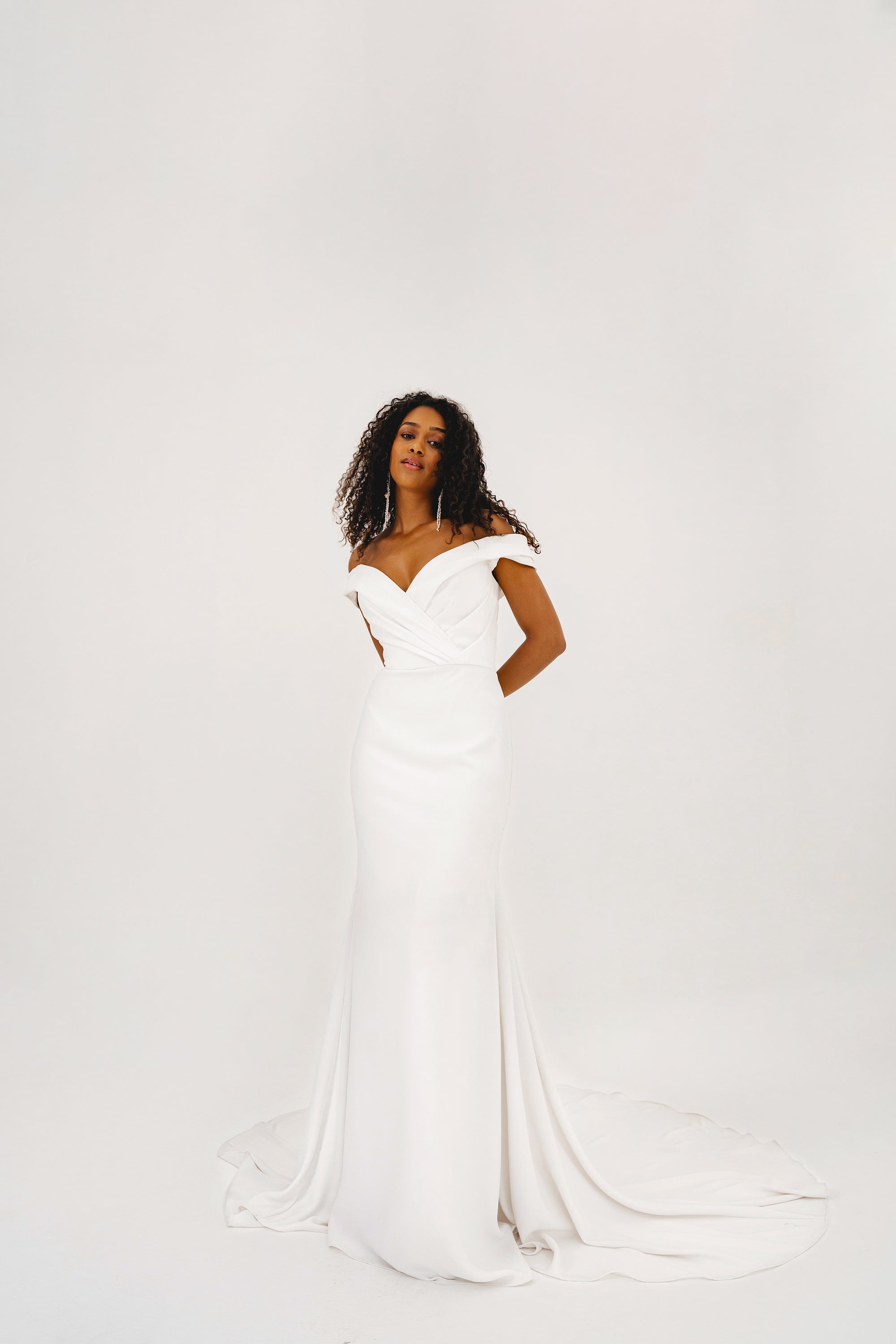 WREN | Off-the-shoulder wedding dress in luxury crepe - Love Story London