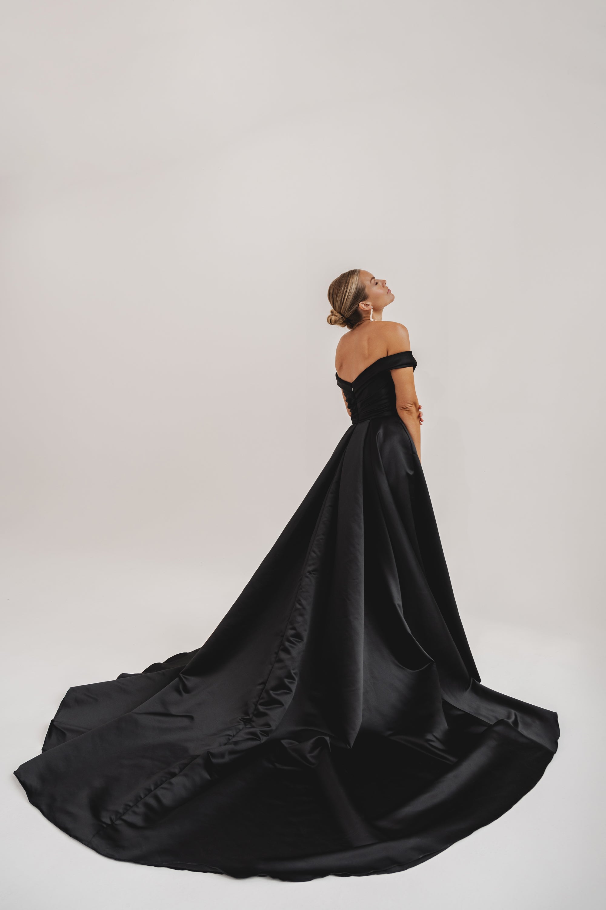 Black satin off shoulder dress online