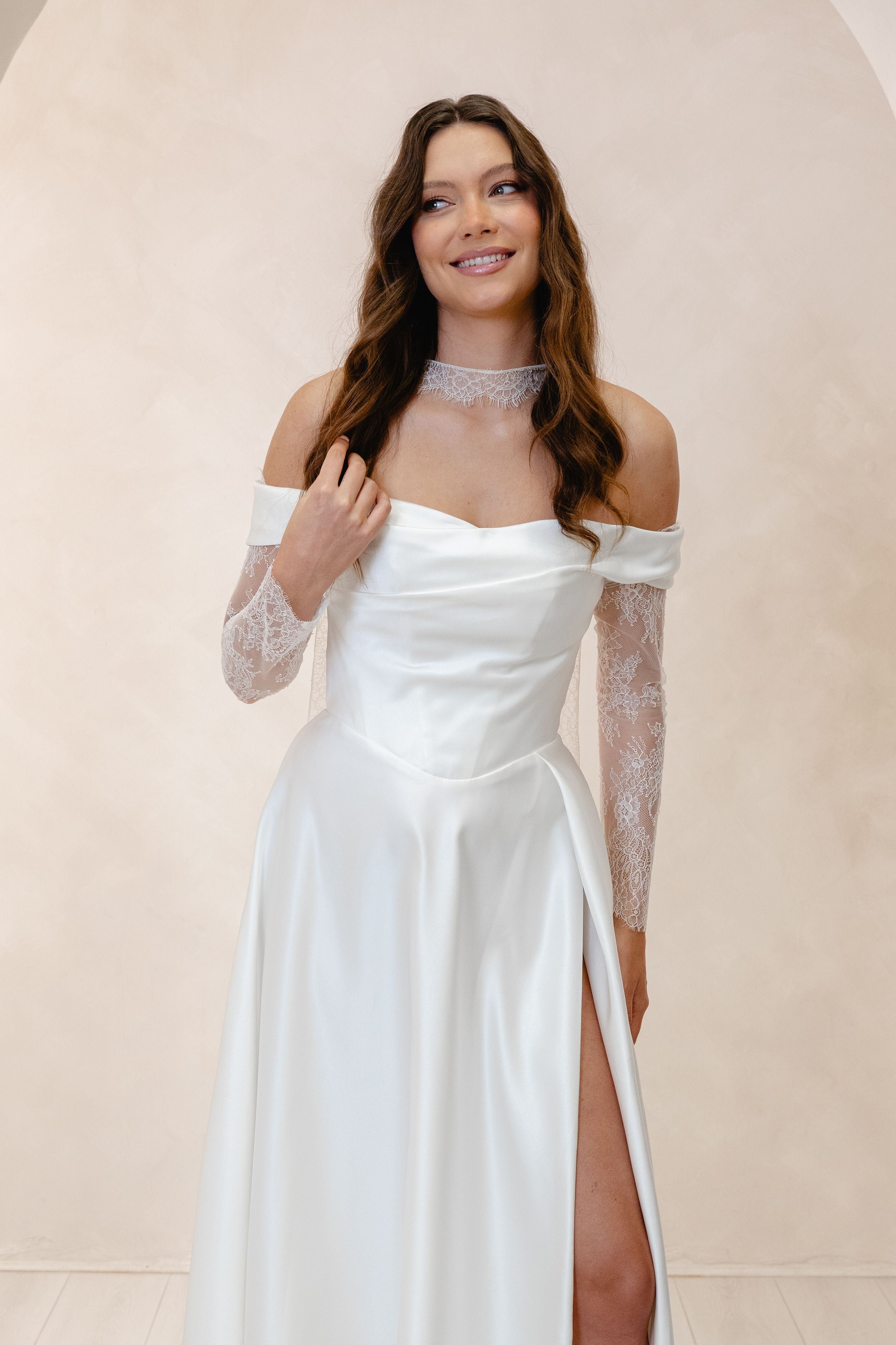 long sleeve white off shoulder dress DARCY WEDDING DRESS BY LOVE STORY LONDON