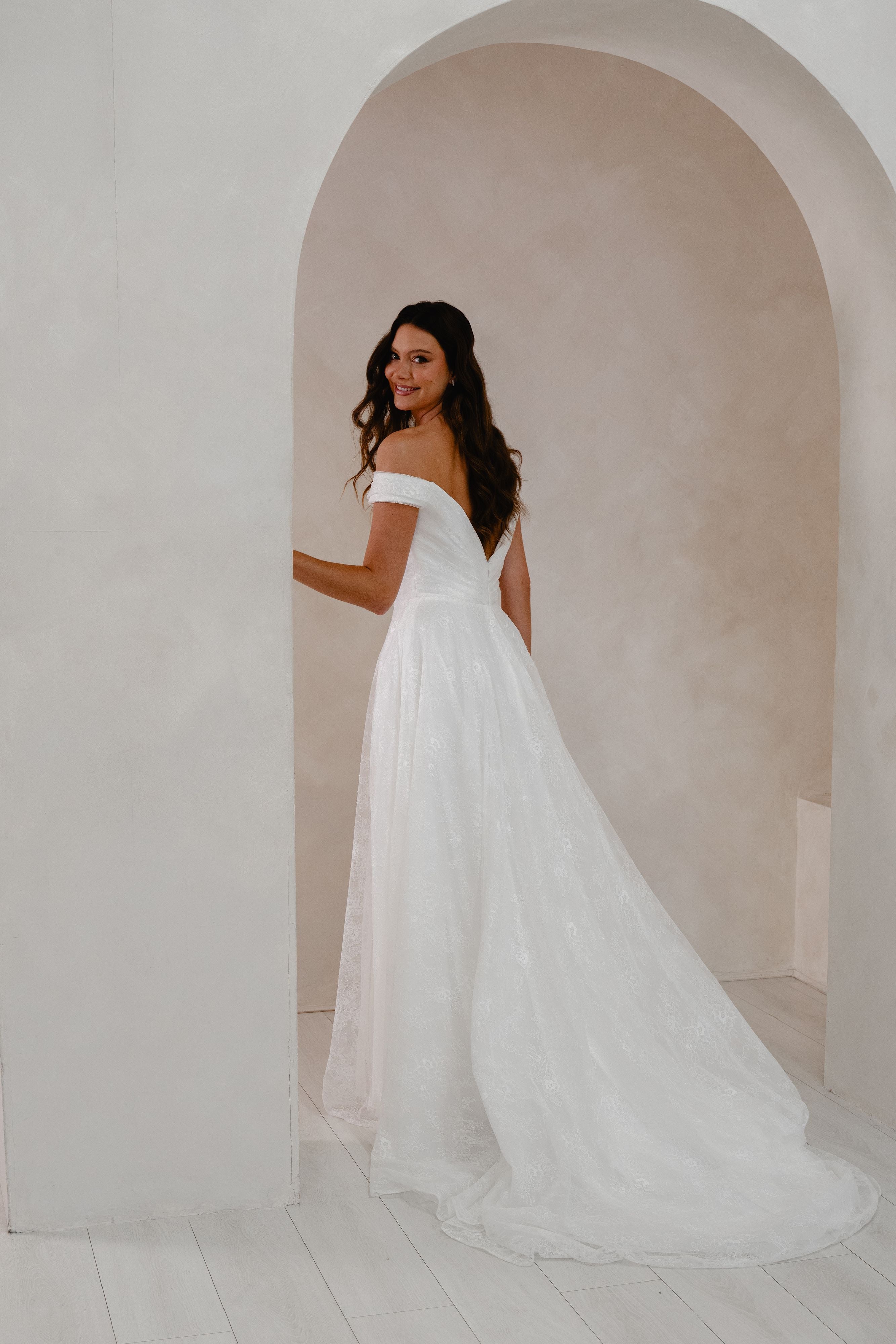 low back off the shoulder wedding dress ELLORA WEDDING DRESS BY LOVE STORY LONDON